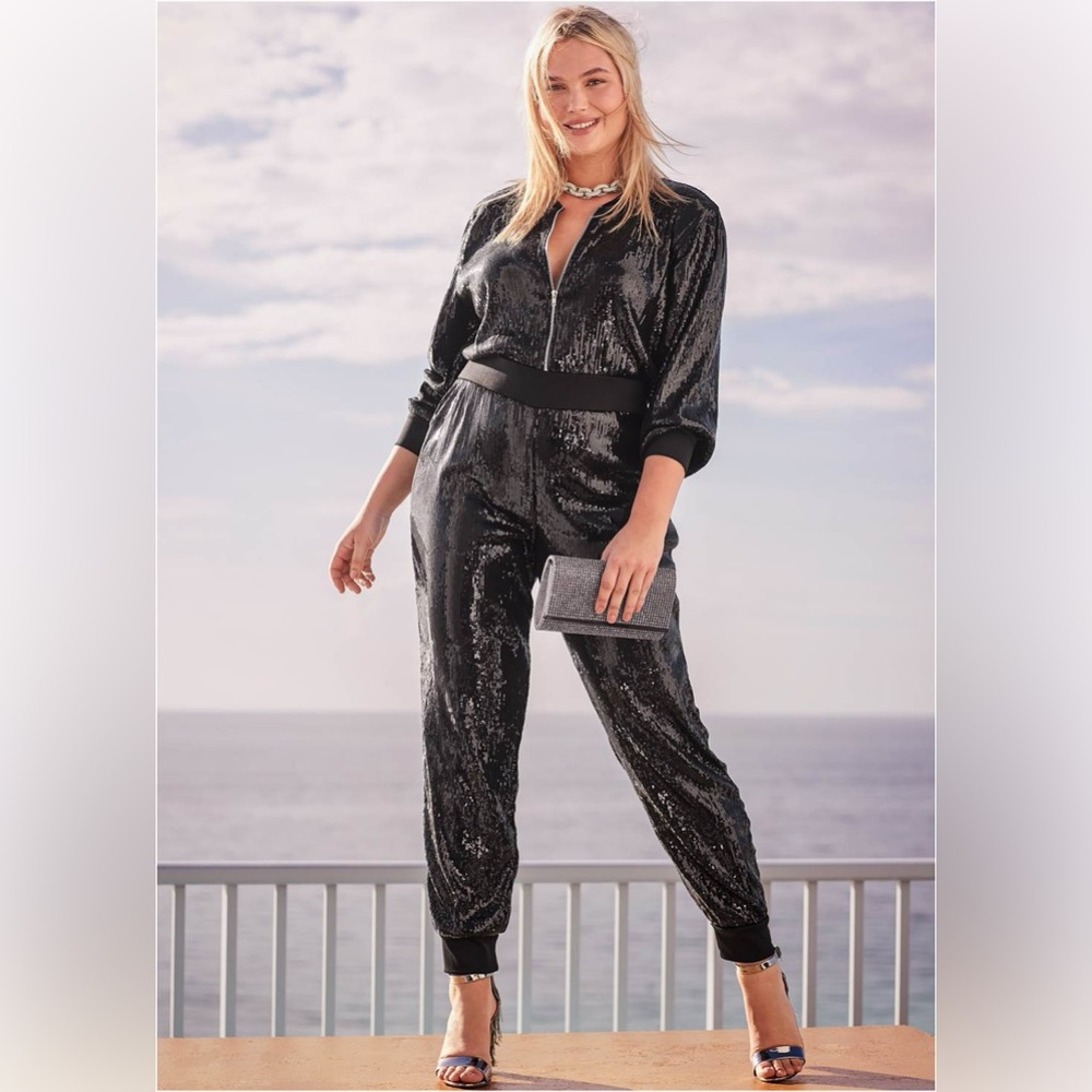 Venus Black Sequin Jogger Jumpsuit